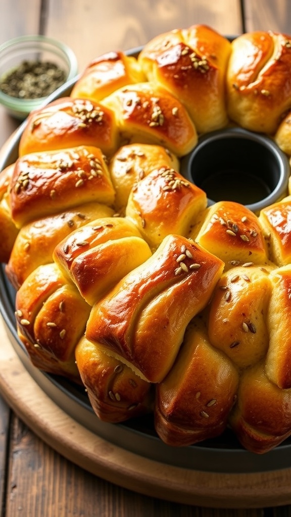 Golden-brown zaatar monkey bread in a bundt pan, garnished with sesame seeds, on a rustic wooden table.